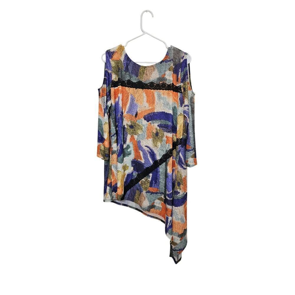 Mishca Cold Shoulder Colorful Asymmetric Hem Blouse/Shirt Lace Art To Wear Sz XL